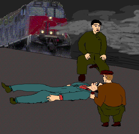 Robert lying on platform in Underground after being attacked and being revived with a cup of tea by two workers